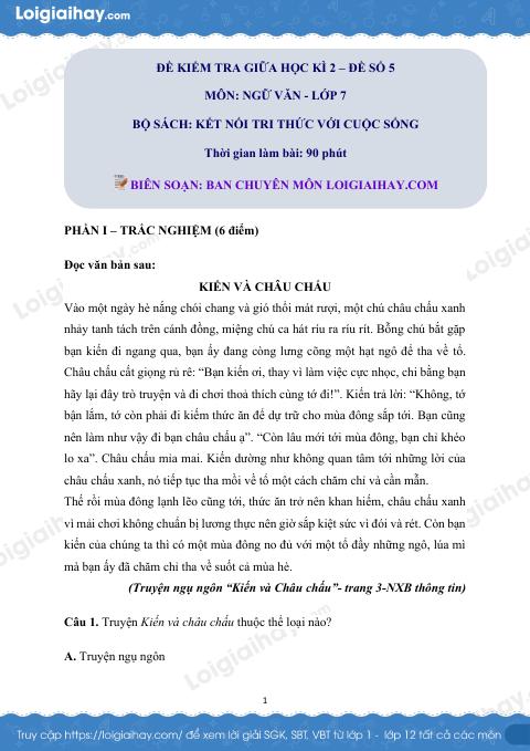 Đề thi giữa kì 2 Văn 7 Kết nối tri thức - Đề số 5
